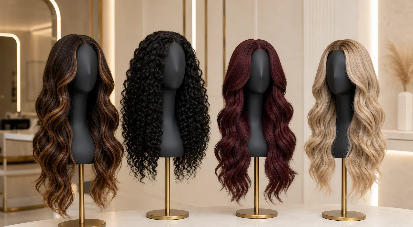 Four premium wigs displayed on black mannequin heads with gold stands